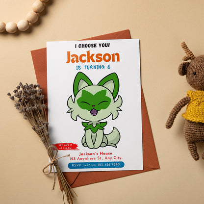 Sprigatito Birthday Party Invitation Template | Pokemon Invite - CreativeRino