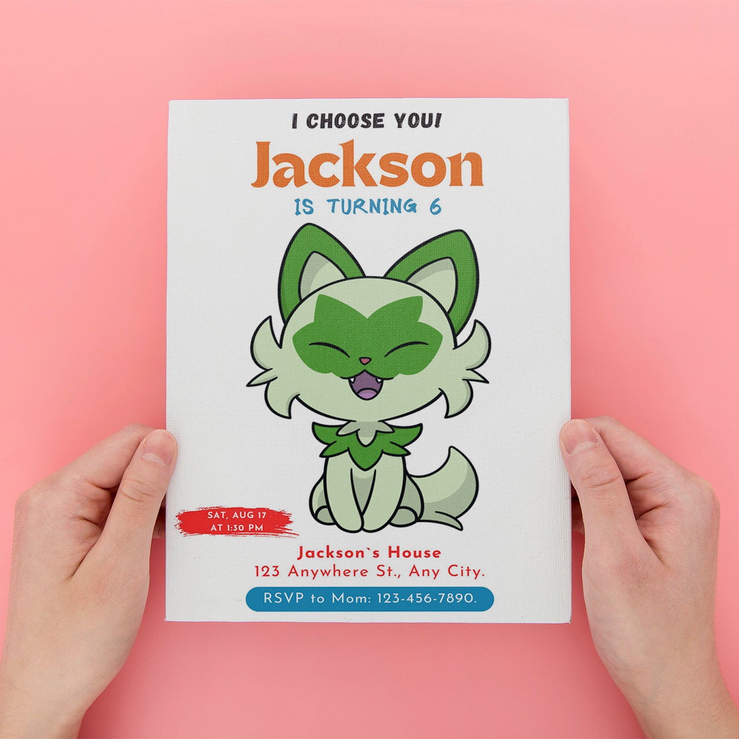 Sprigatito Birthday Party Invitation Template | Pokemon Invite - CreativeRino