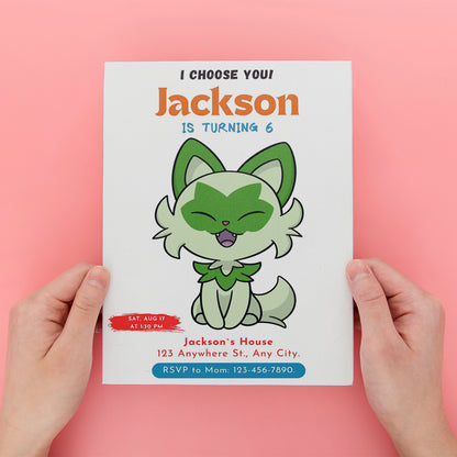 Sprigatito Birthday Party Invitation Template | Pokemon Invite - CreativeRino