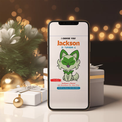 Sprigatito Birthday Party Invitation Template | Pokemon Invite - CreativeRino