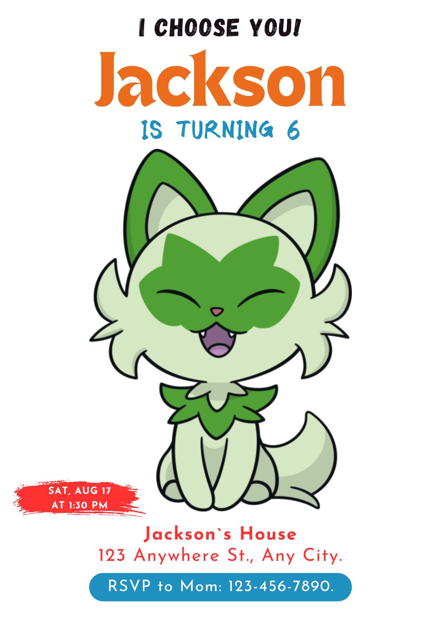 Sprigatito Birthday Party Invitation Template | Pokemon Invite - CreativeRino