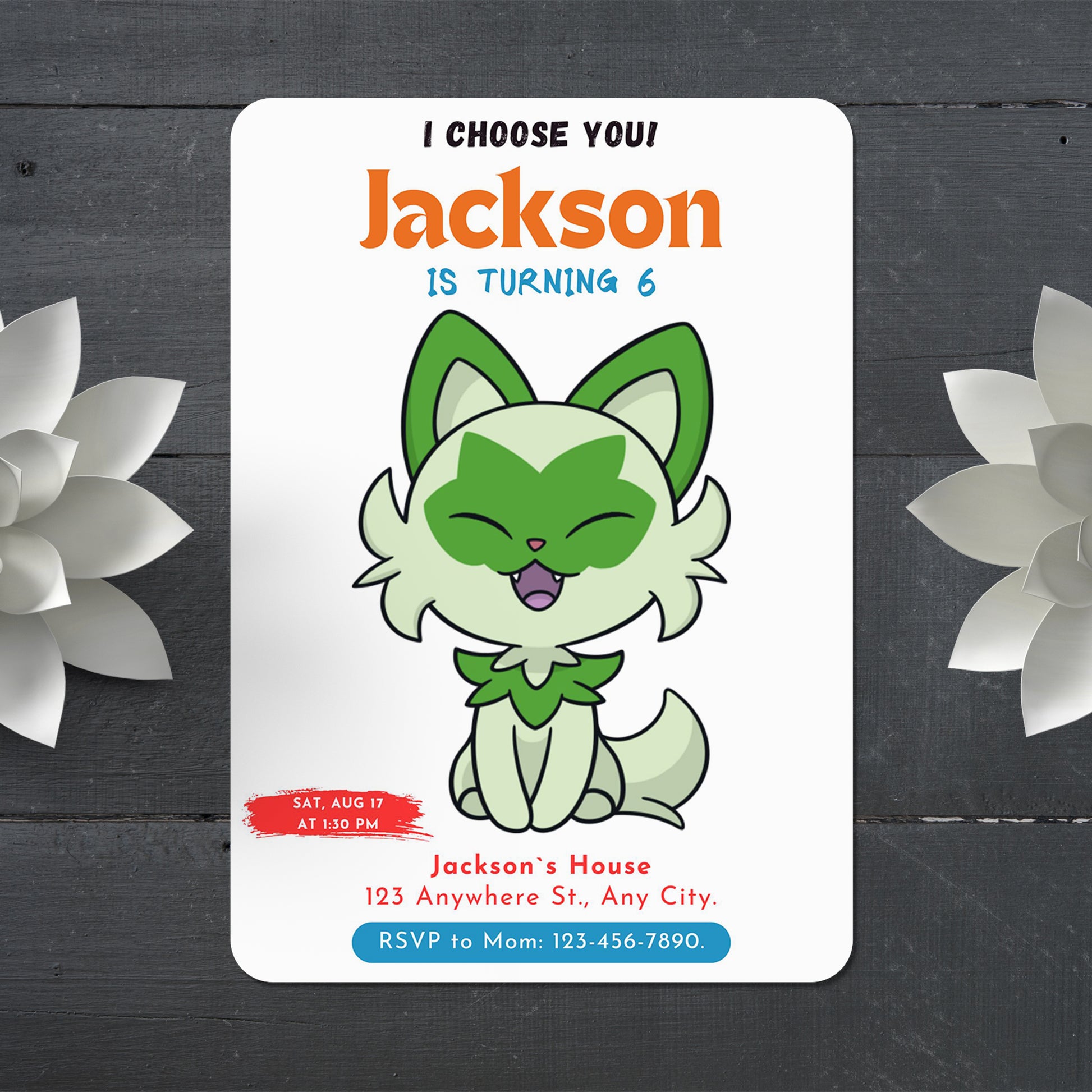 Sprigatito Birthday Party Invitation Template | Pokemon Invite - CreativeRino