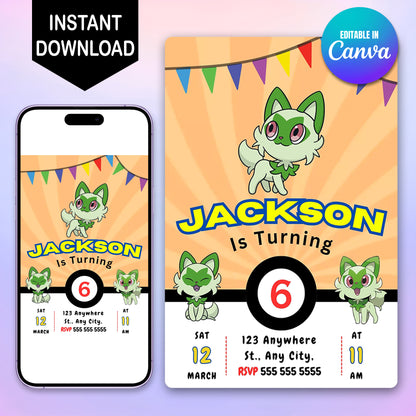 Sprigatito Pokemon Birthday Party Invitation Template - CreativeRino