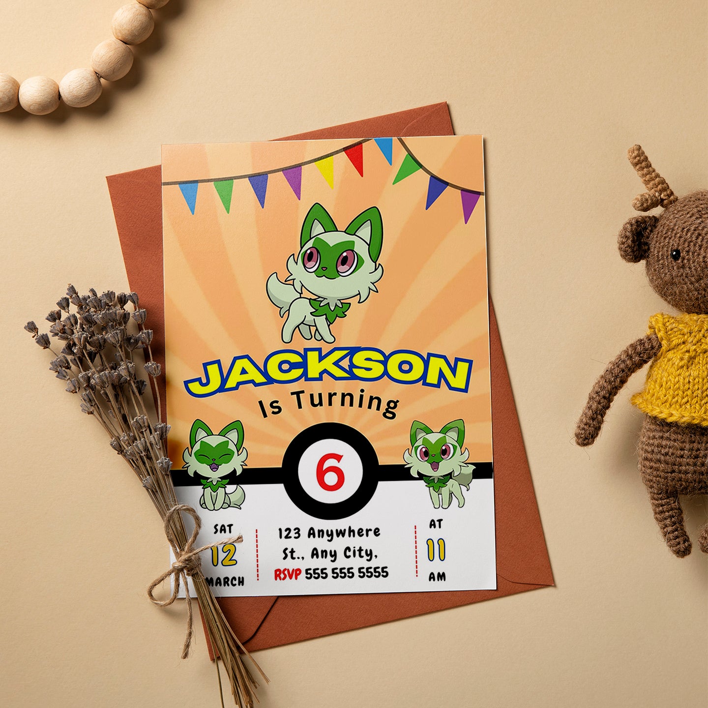 Sprigatito Pokemon Birthday Party Invitation Template - CreativeRino