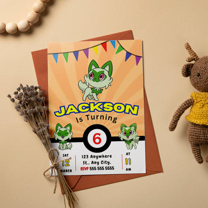 Sprigatito Pokemon Birthday Party Invitation Template - CreativeRino