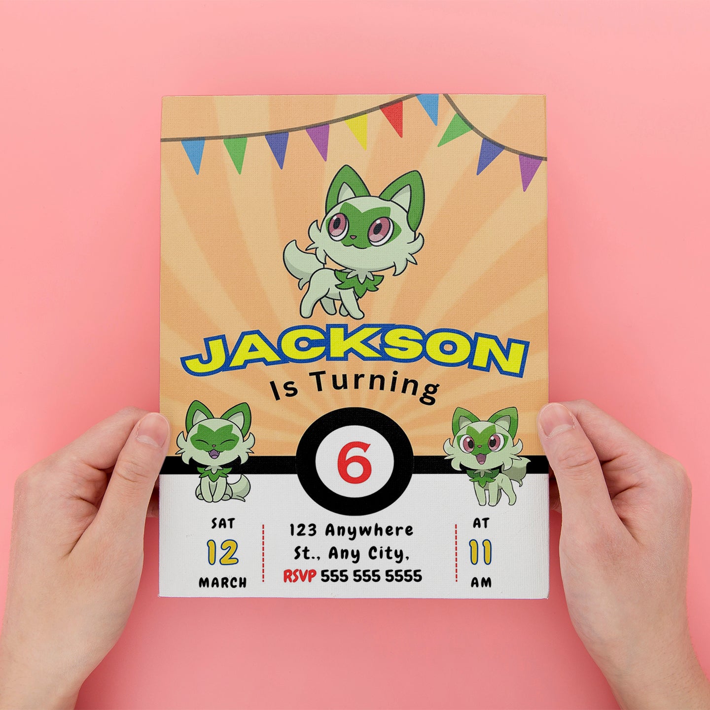 Sprigatito Pokemon Birthday Party Invitation Template - CreativeRino