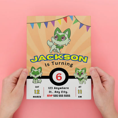 Sprigatito Pokemon Birthday Party Invitation Template - CreativeRino