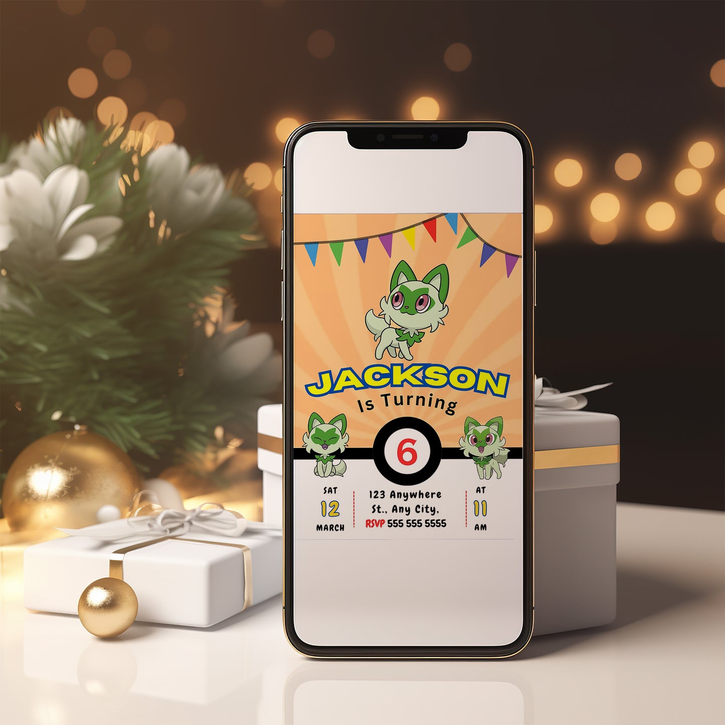 Sprigatito Pokemon Birthday Party Invitation Template - CreativeRino
