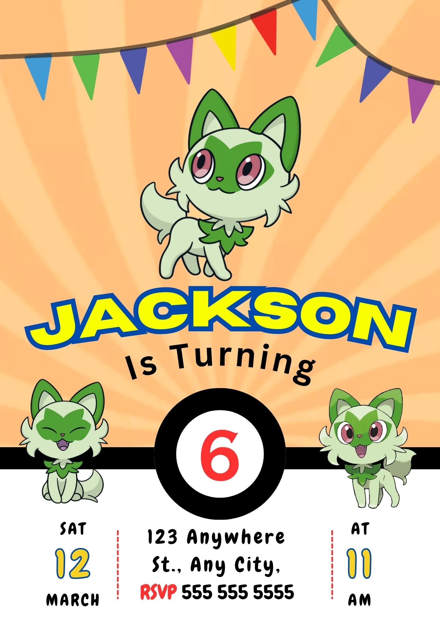 Sprigatito Pokemon Birthday Party Invitation Template - CreativeRino