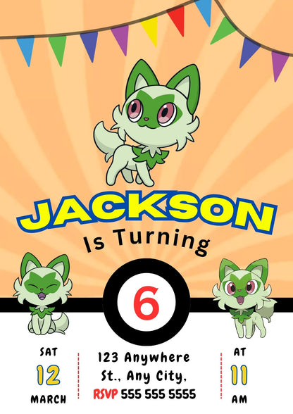 Sprigatito Pokemon Birthday Party Invitation Template - CreativeRino