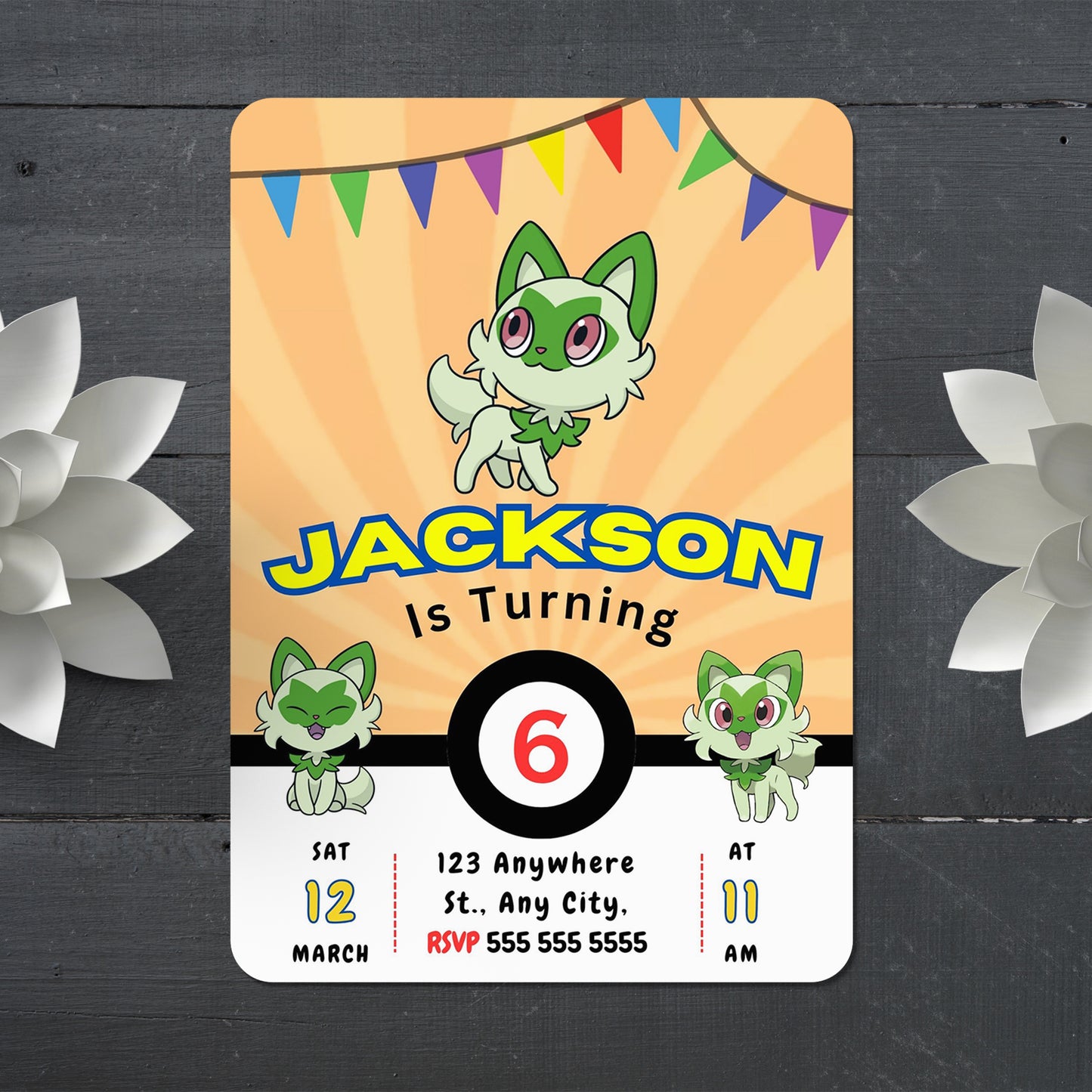 Sprigatito Pokemon Birthday Party Invitation Template - CreativeRino