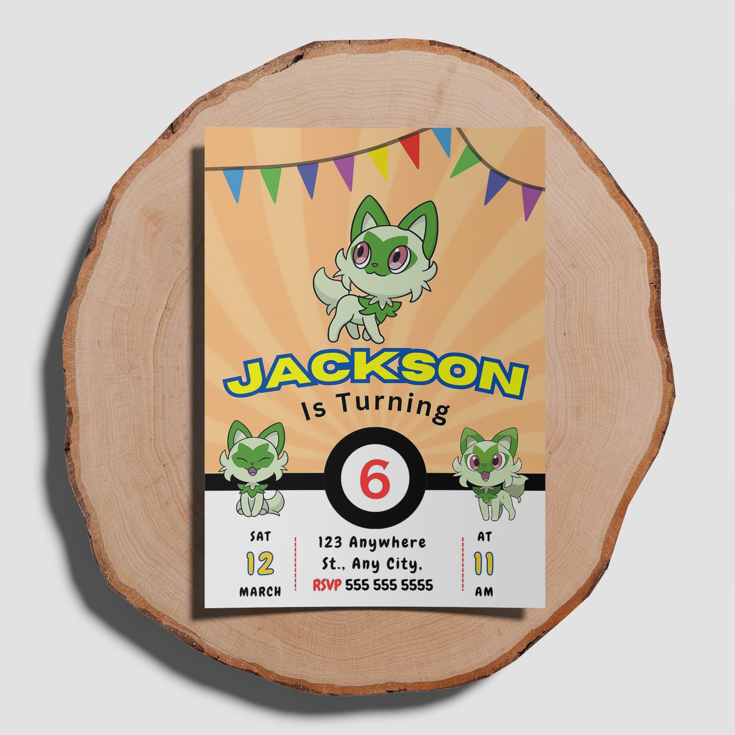 Sprigatito Pokemon Birthday Party Invitation Template - CreativeRino