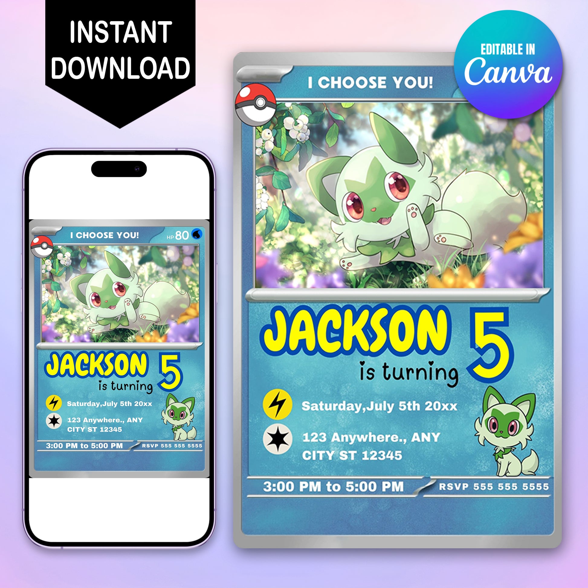 Sprigatito Invitation Template | Pokemon Card Birthday Invite - CreativeRino