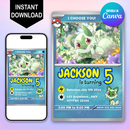Sprigatito Invitation Template | Pokemon Card Birthday Invite - CreativeRino