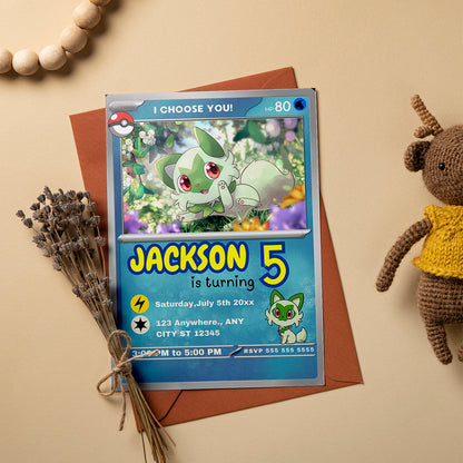 Sprigatito Invitation Template | Pokemon Card Birthday Invite - CreativeRino