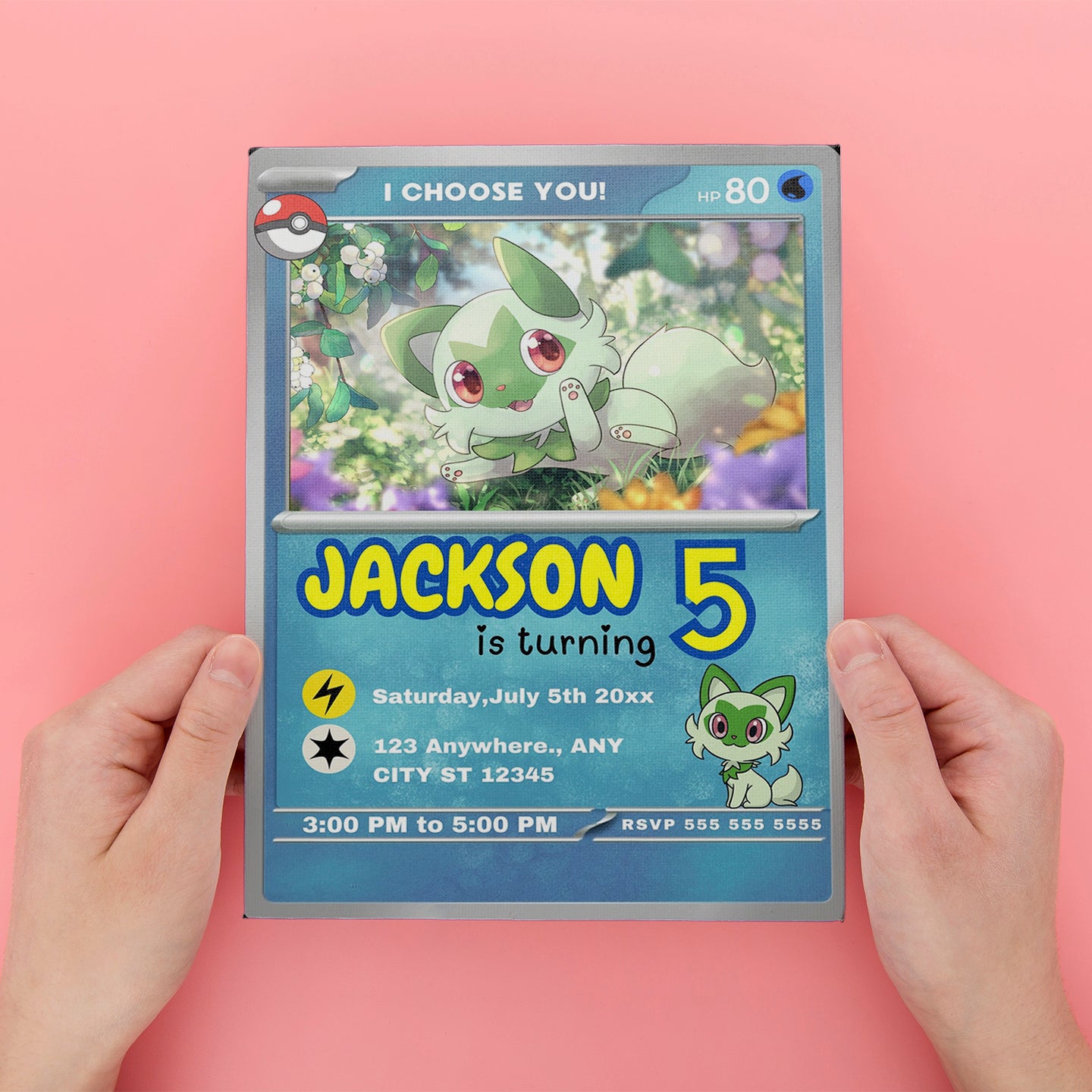 Sprigatito Invitation Template | Pokemon Card Birthday Invite - CreativeRino