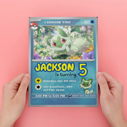 Sprigatito Invitation Template | Pokemon Card Birthday Invite - CreativeRino