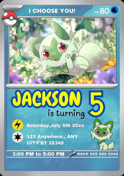 Sprigatito Invitation Template | Pokemon Card Birthday Invite - CreativeRino