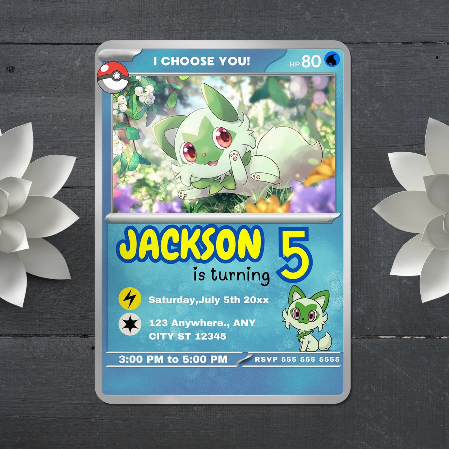Sprigatito Invitation Template | Pokemon Card Birthday Invite - CreativeRino