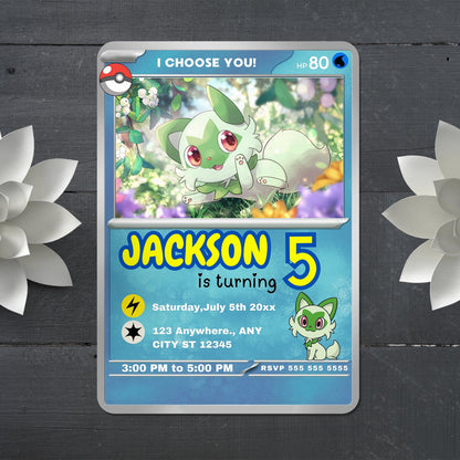 Sprigatito Invitation Template | Pokemon Card Birthday Invite - CreativeRino