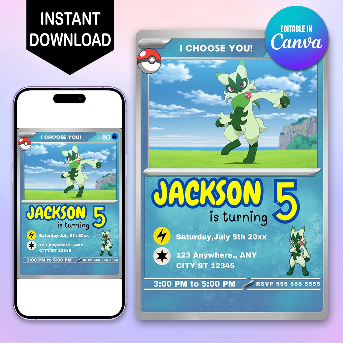 Floragato Invitation Template | Pokemon Card Birthday Invite - CreativeRino