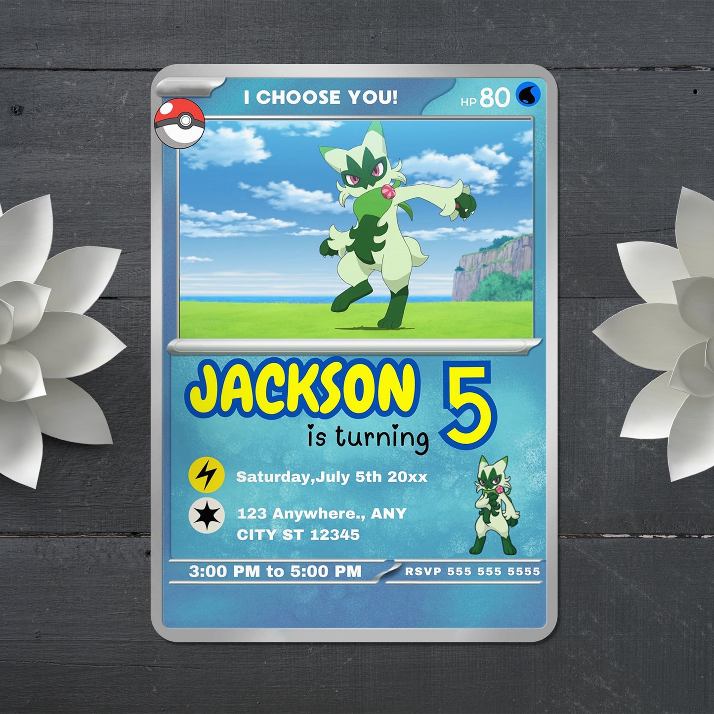 Floragato Invitation Template | Pokemon Card Birthday Invite - CreativeRino