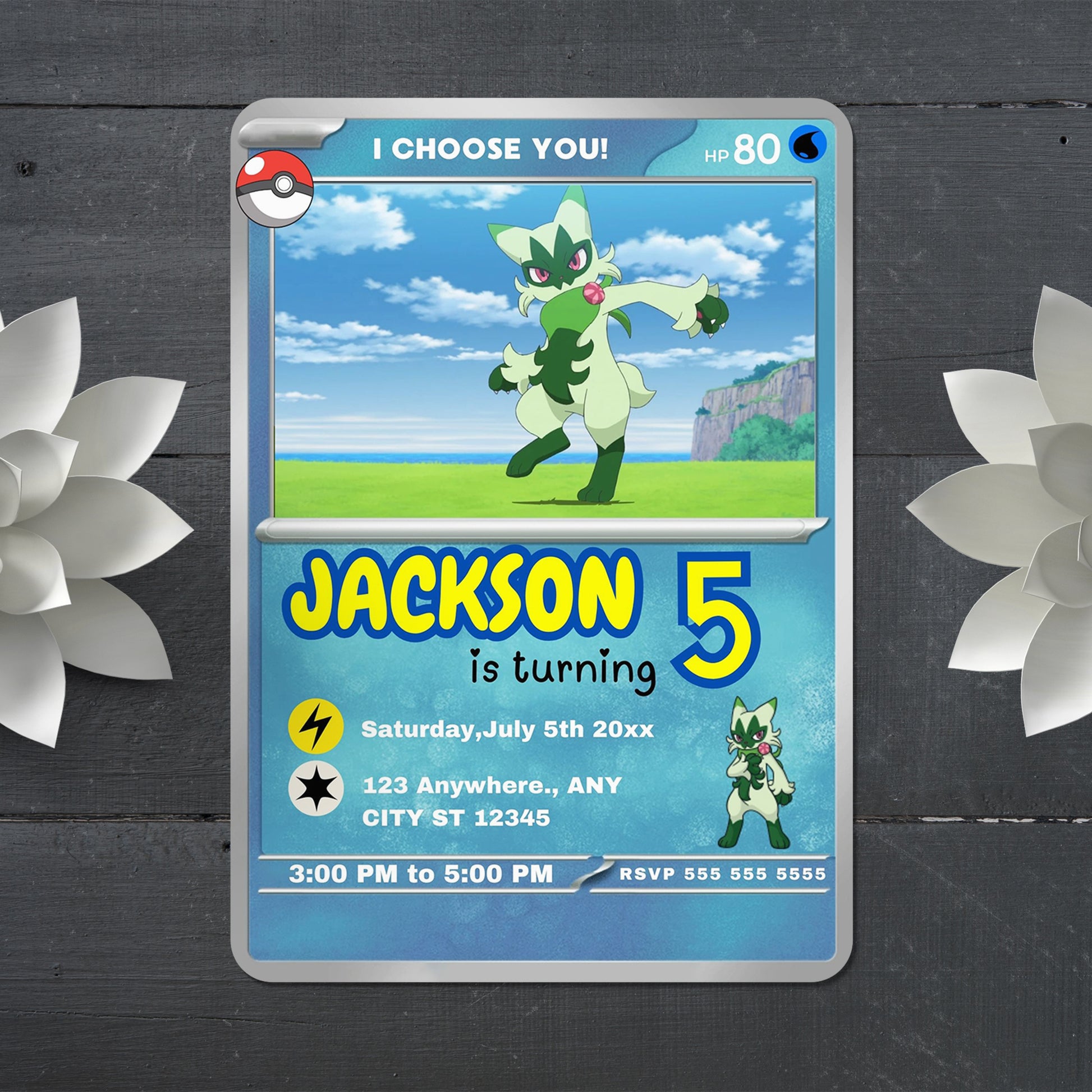 Floragato Invitation Template | Pokemon Card Birthday Invite - CreativeRino