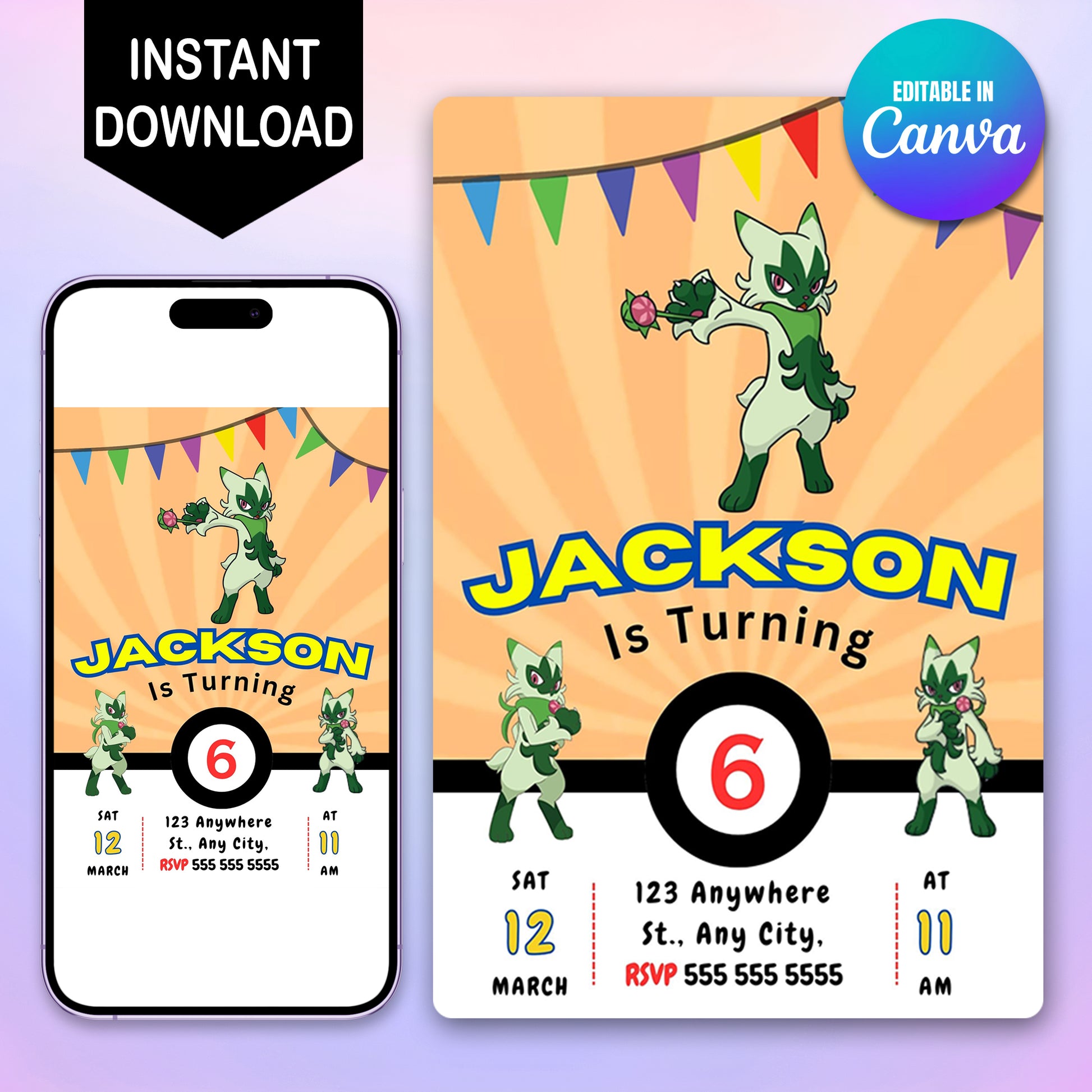 Floragato Pokemon Birthday Party Invitation Template - CreativeRino