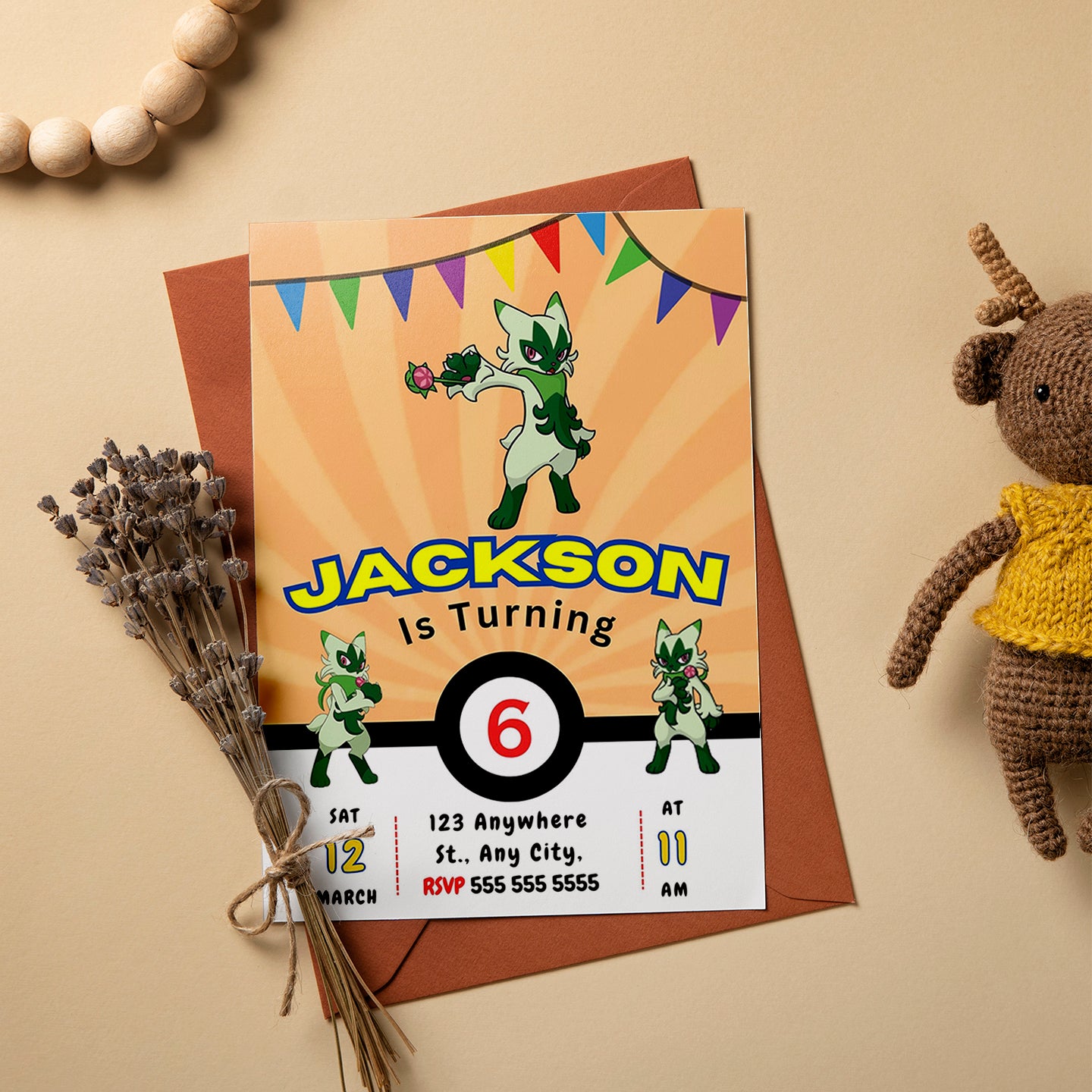 Floragato Pokemon Birthday Party Invitation Template - CreativeRino