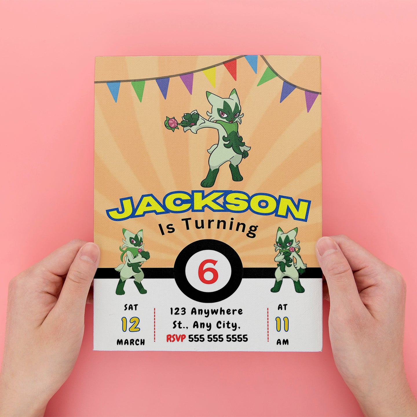 Floragato Pokemon Birthday Party Invitation Template - CreativeRino