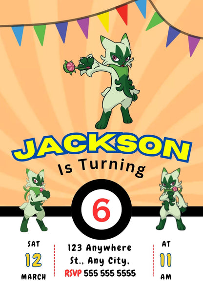 Floragato Pokemon Birthday Party Invitation Template - CreativeRino
