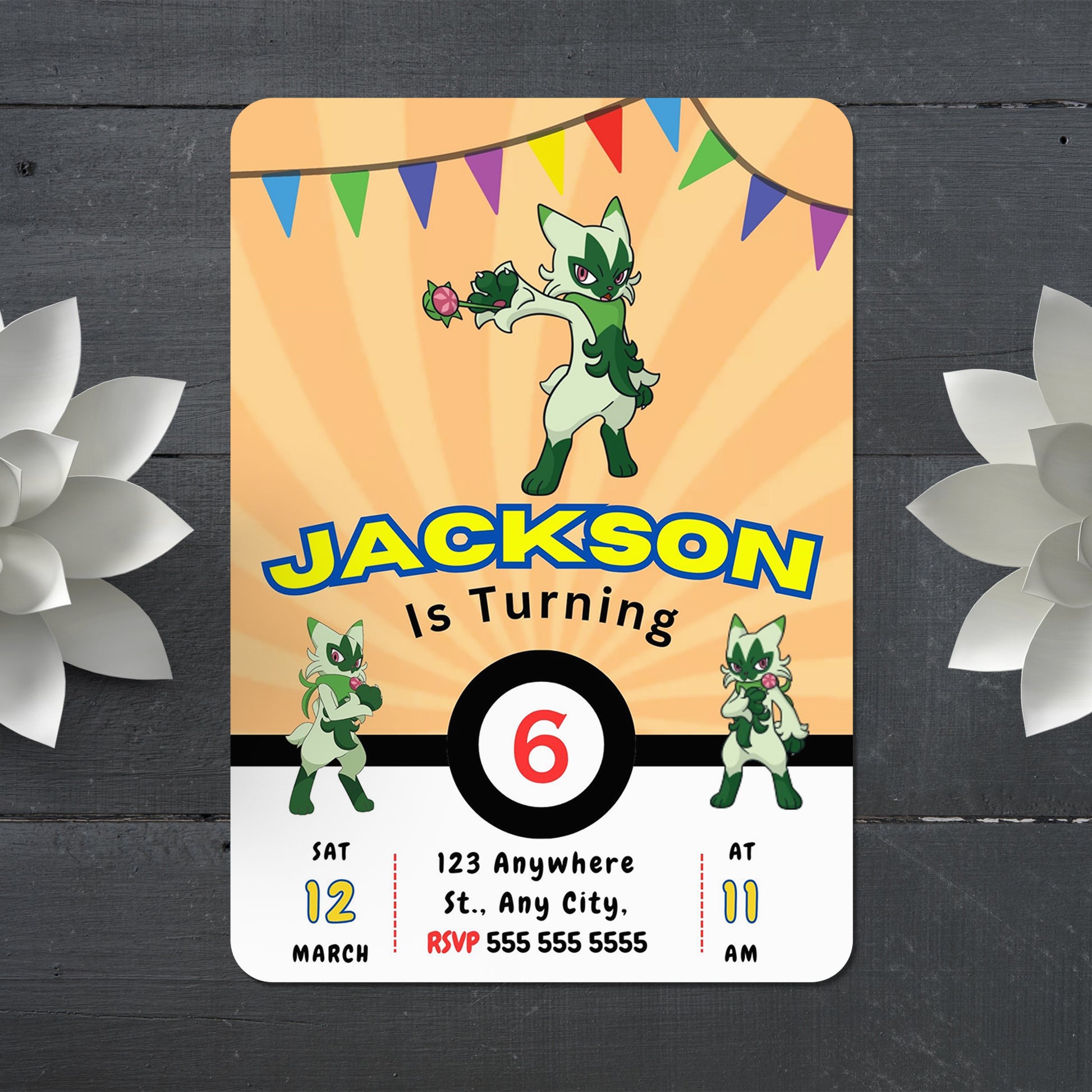 Floragato Pokemon Birthday Party Invitation Template - CreativeRino