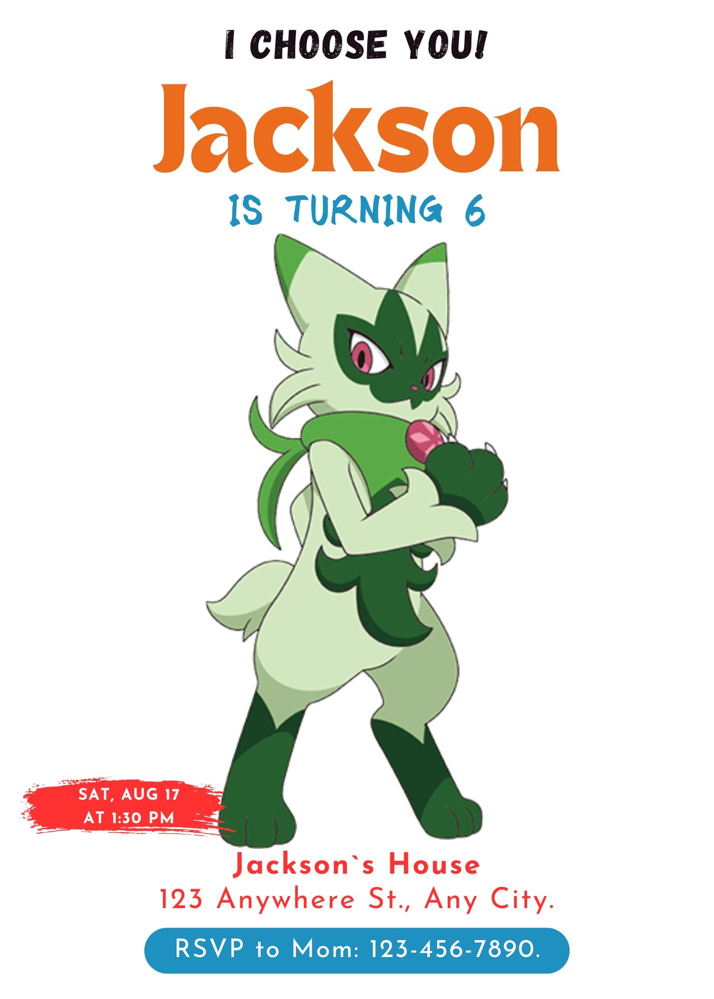 Floragato Birthday Party Invitation Template | Pokemon Invite - CreativeRino