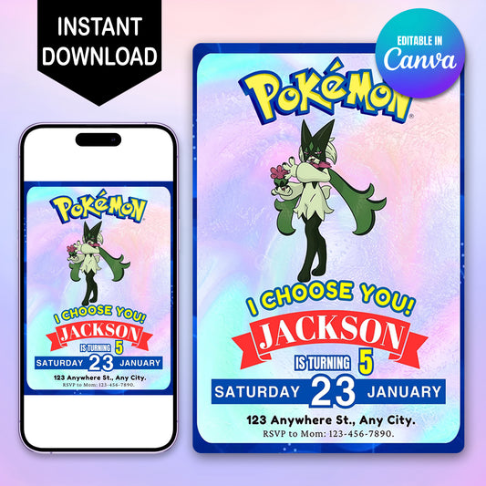 Meowscarada Invitation Template | Pokemon Birthday Invite - CreativeRino
