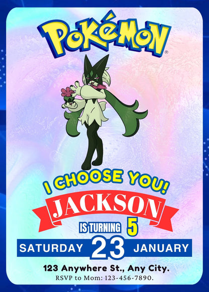 Meowscarada Invitation Template | Pokemon Birthday Invite - CreativeRino