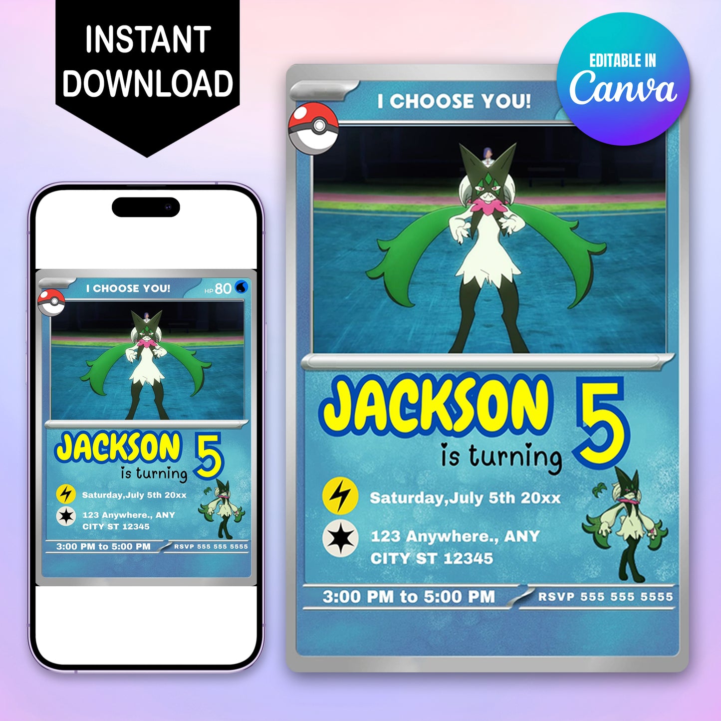 Meowscarada Invitation Template | Pokemon Card Birthday Invite - CreativeRino