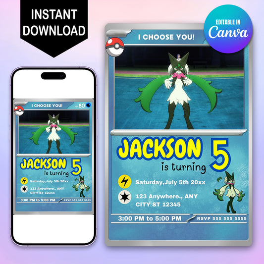 Meowscarada Invitation Template | Pokemon Card Birthday Invite - CreativeRino