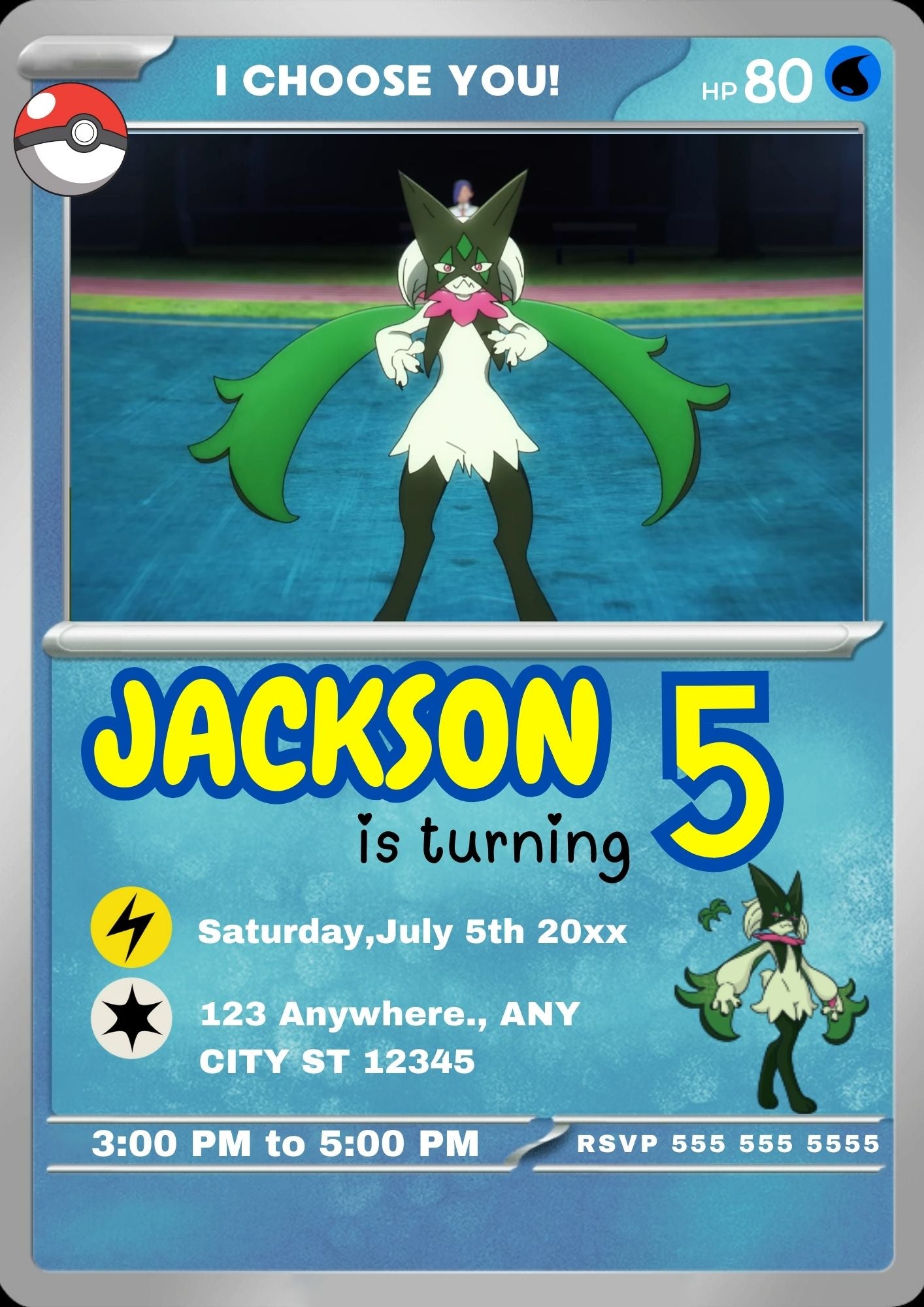 Meowscarada Invitation Template | Pokemon Card Birthday Invite - CreativeRino