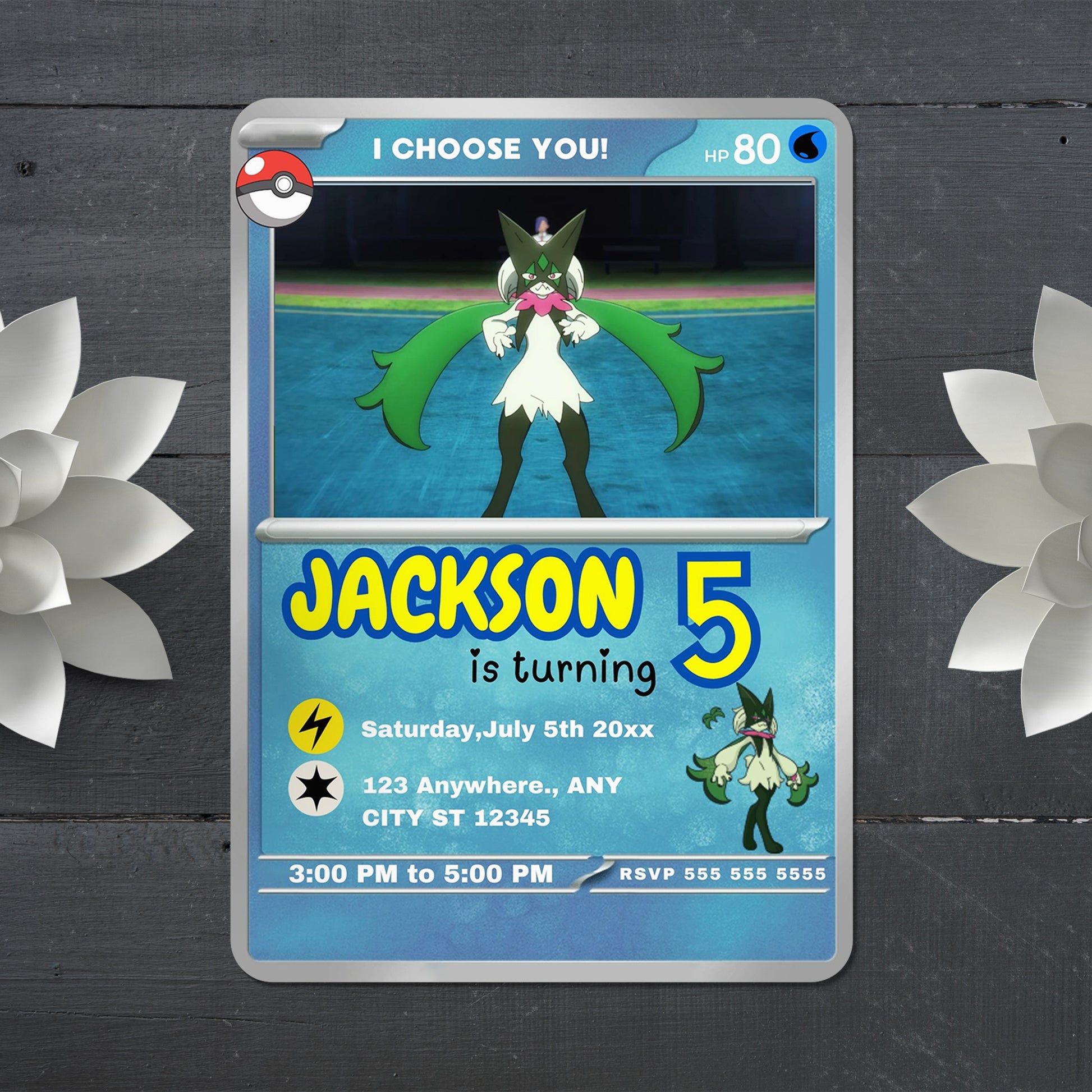 Meowscarada Invitation Template | Pokemon Card Birthday Invite - CreativeRino