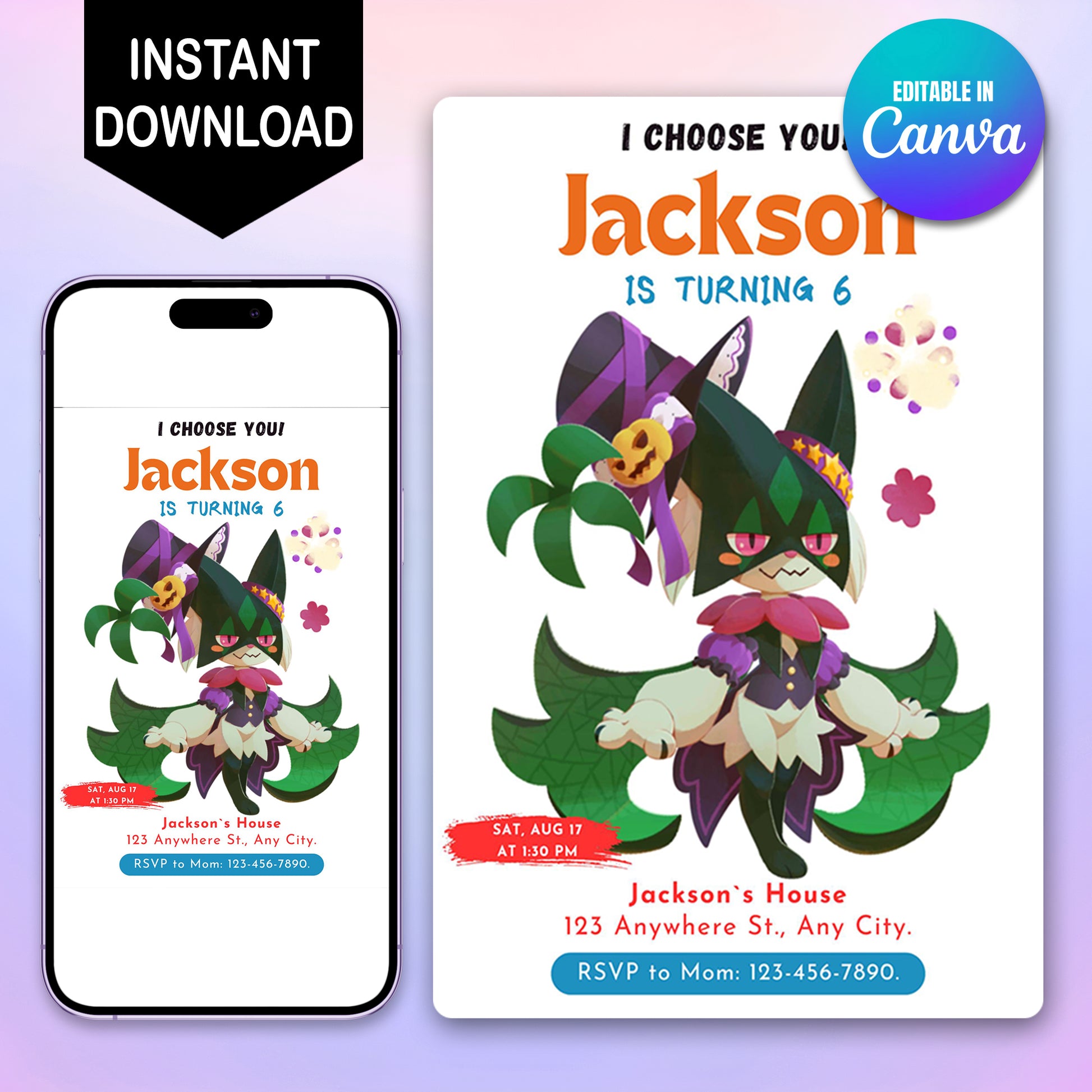 Meowscarada Birthday Party Invitation Template | Pokemon Invite - CreativeRino