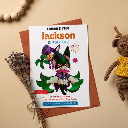 Meowscarada Birthday Party Invitation Template | Pokemon Invite - CreativeRino