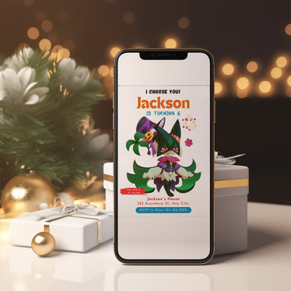 Meowscarada Birthday Party Invitation Template | Pokemon Invite - CreativeRino