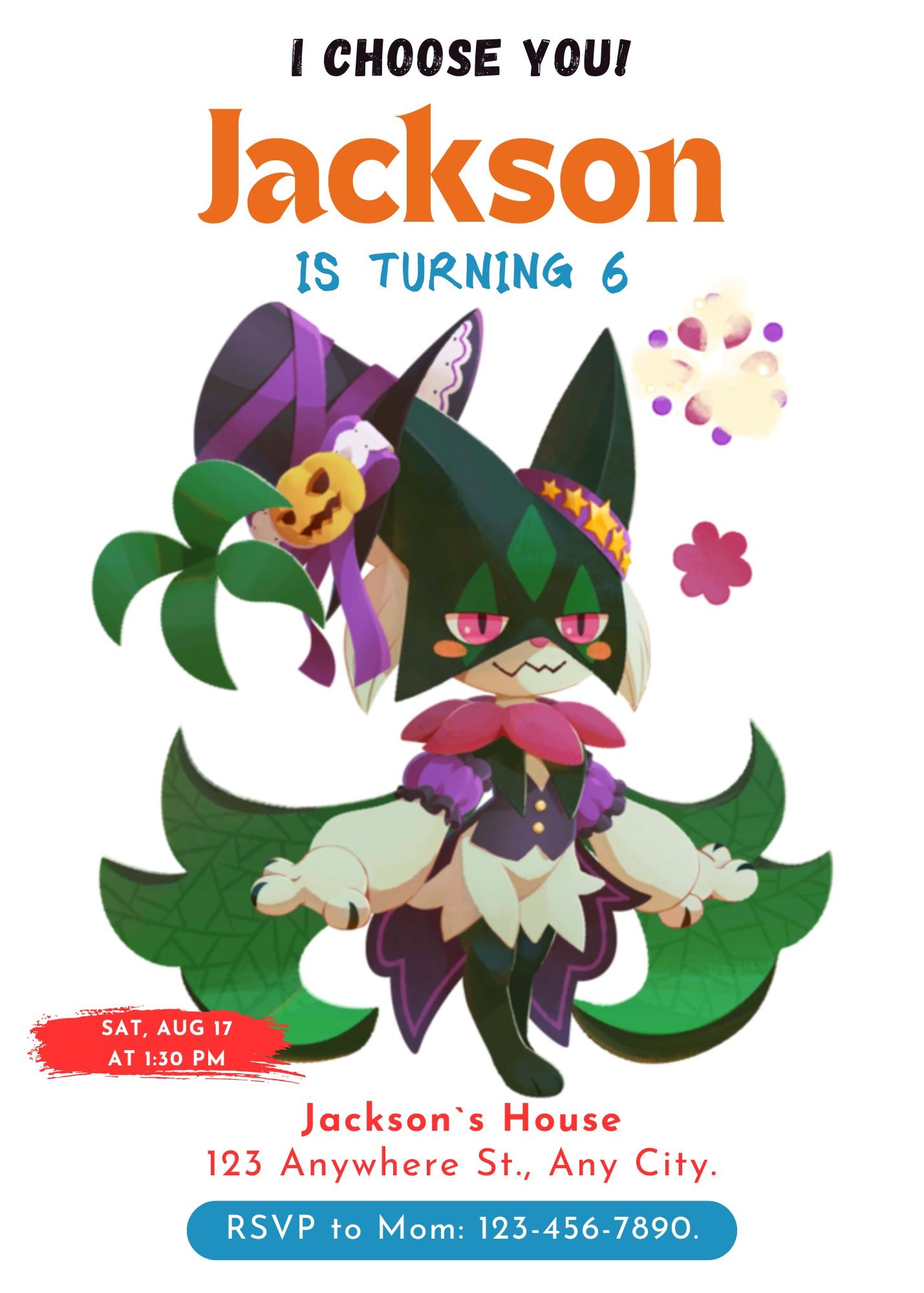 Meowscarada Birthday Party Invitation Template | Pokemon Invite - CreativeRino