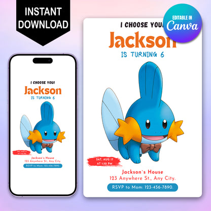 Mudkip Birthday Party Invitation Template | Pokemon Invite - CreativeRino