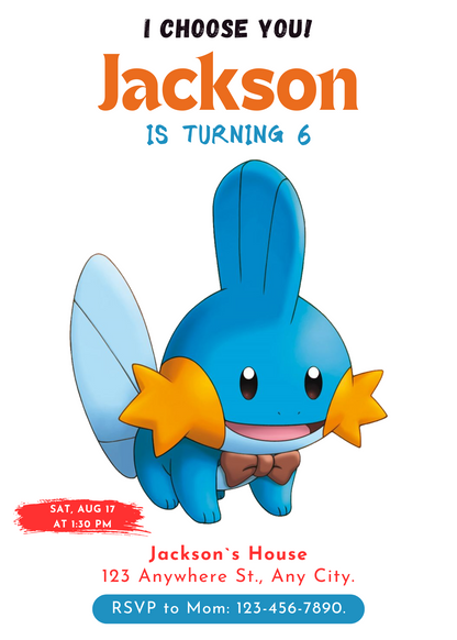 Mudkip Birthday Party Invitation Template | Pokemon Invite - CreativeRino