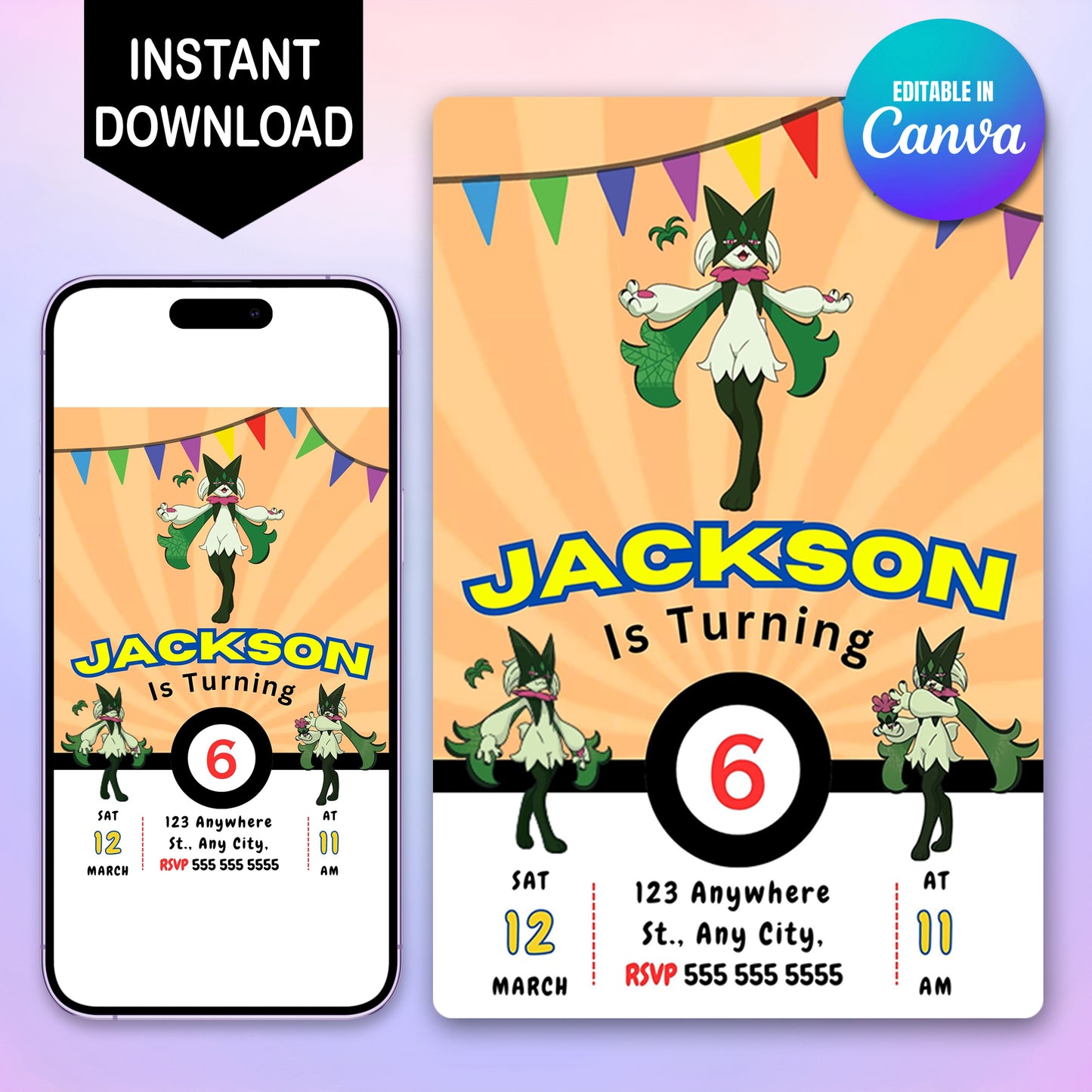Meowscarada Pokemon Birthday Party Invitation Template - CreativeRino