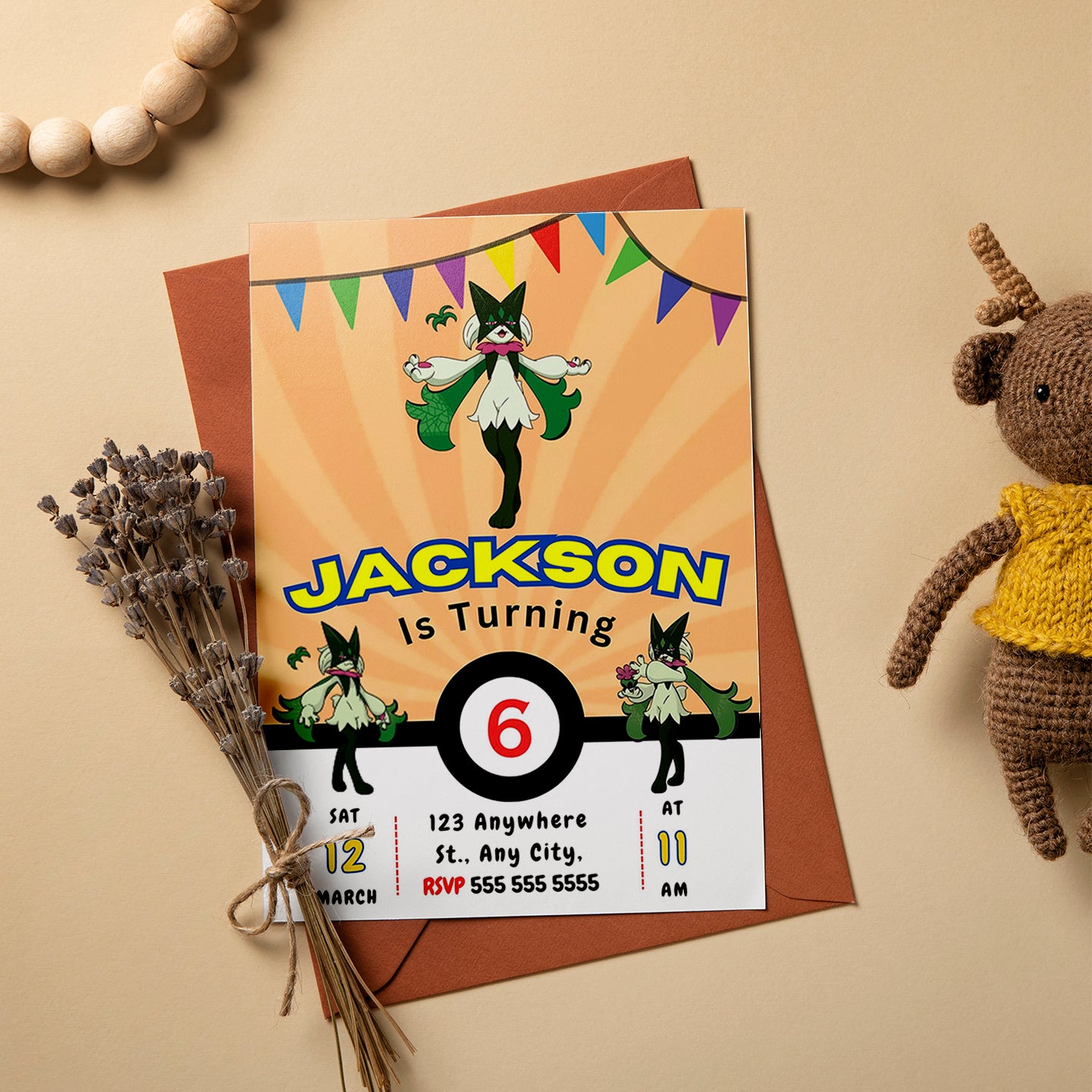 Meowscarada Pokemon Birthday Party Invitation Template - CreativeRino