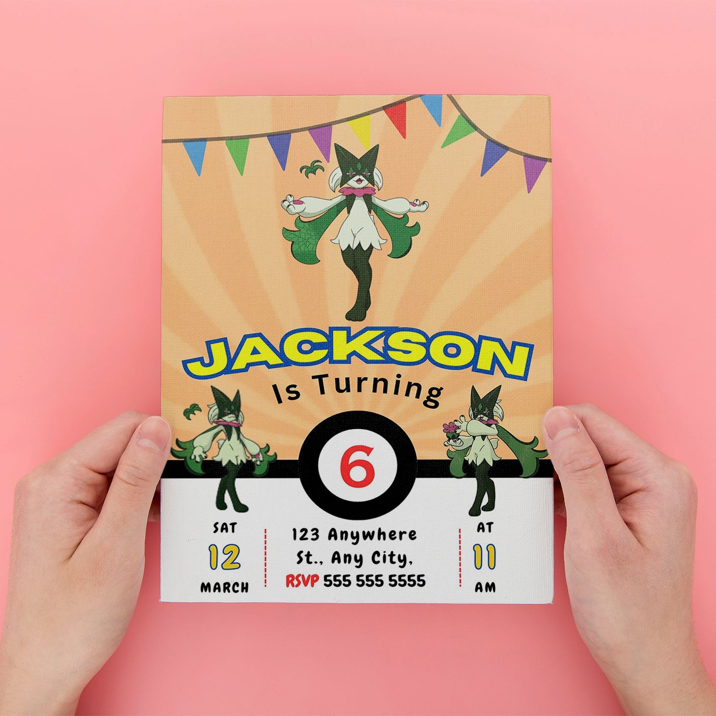 Meowscarada Pokemon Birthday Party Invitation Template - CreativeRino