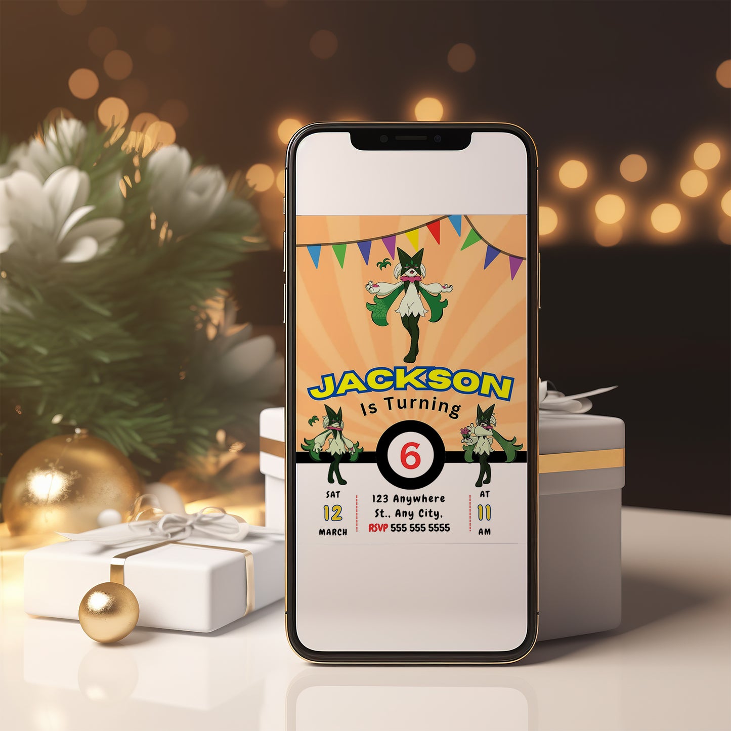 Meowscarada Pokemon Birthday Party Invitation Template - CreativeRino