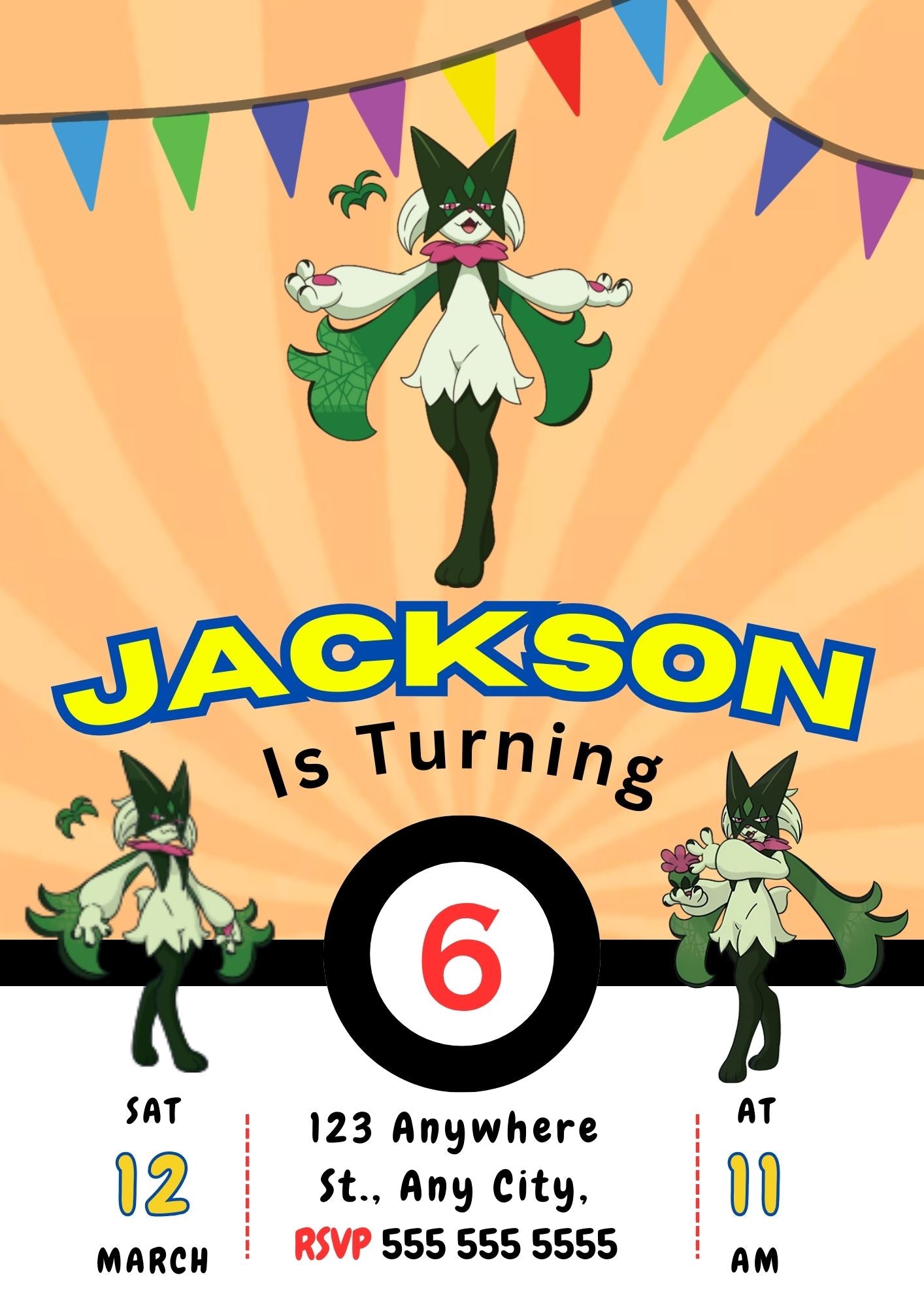 Meowscarada Pokemon Birthday Party Invitation Template - CreativeRino